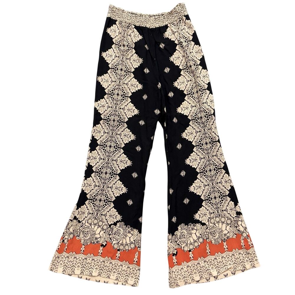 World Market Palazzo Pants Damask Boho Wide Leg 100% Rayon Pants Black Size S/M